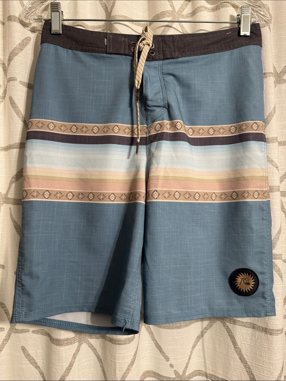 Quiksilver Blue Striped Boardshorts with Sun Emblem Sz 29